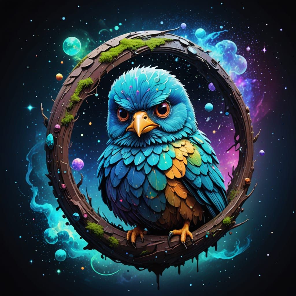 Grumpy Chick in Holographic Astral Illustration