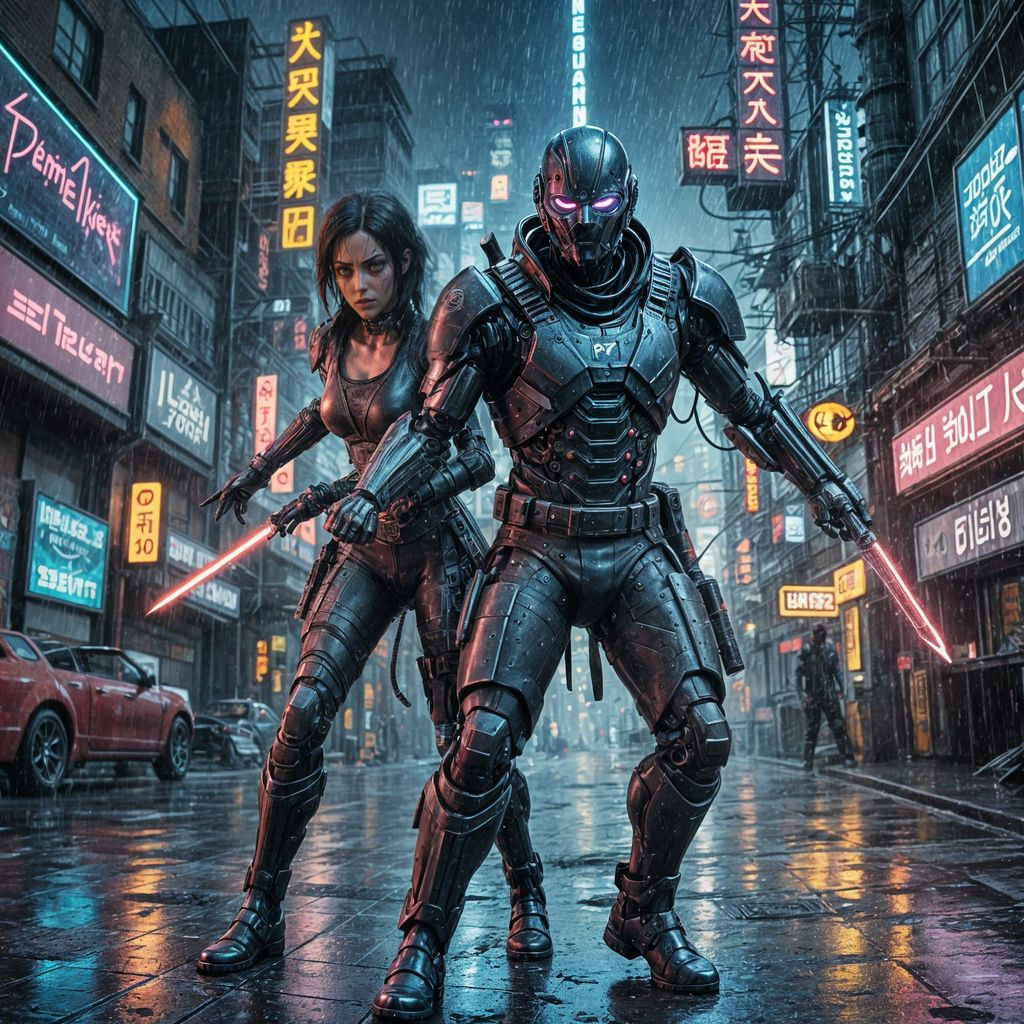 Cyberpunk Ninjas Clash in Neon-Drenched Rainy Streets