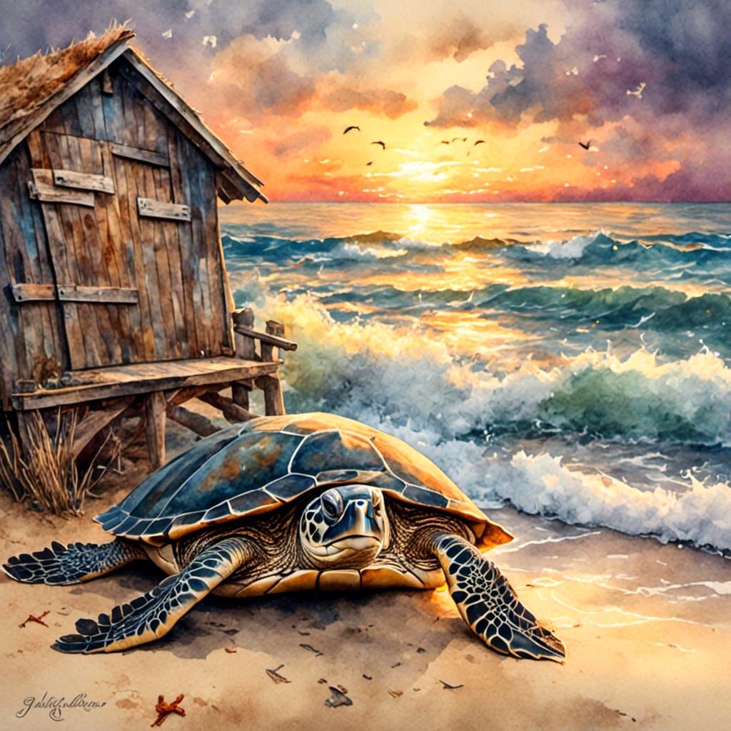 Sea Turtle and Swordfish in Antique Watercolor Style