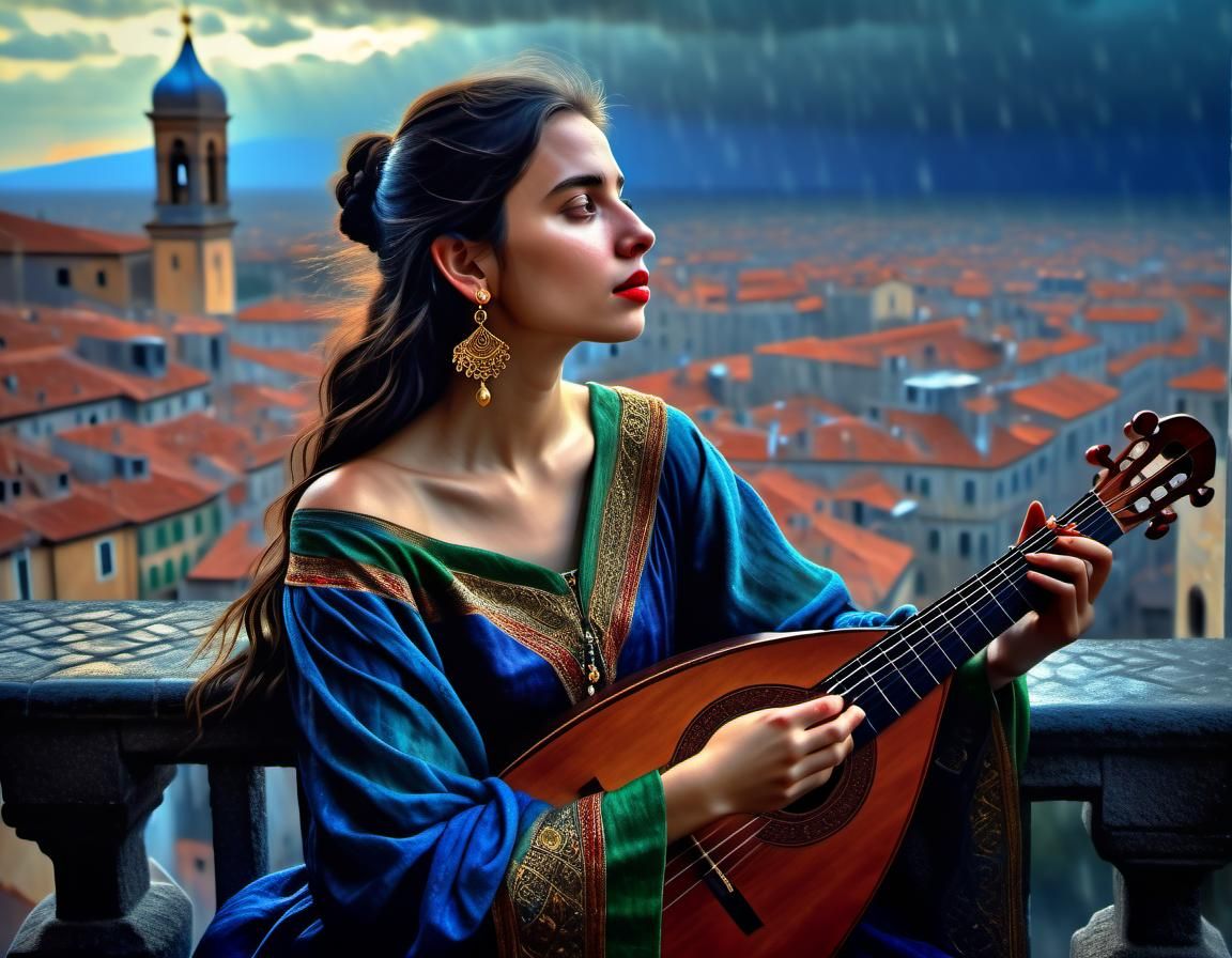 Chiaroscuro Oil Painting of Woman Playing Lute
