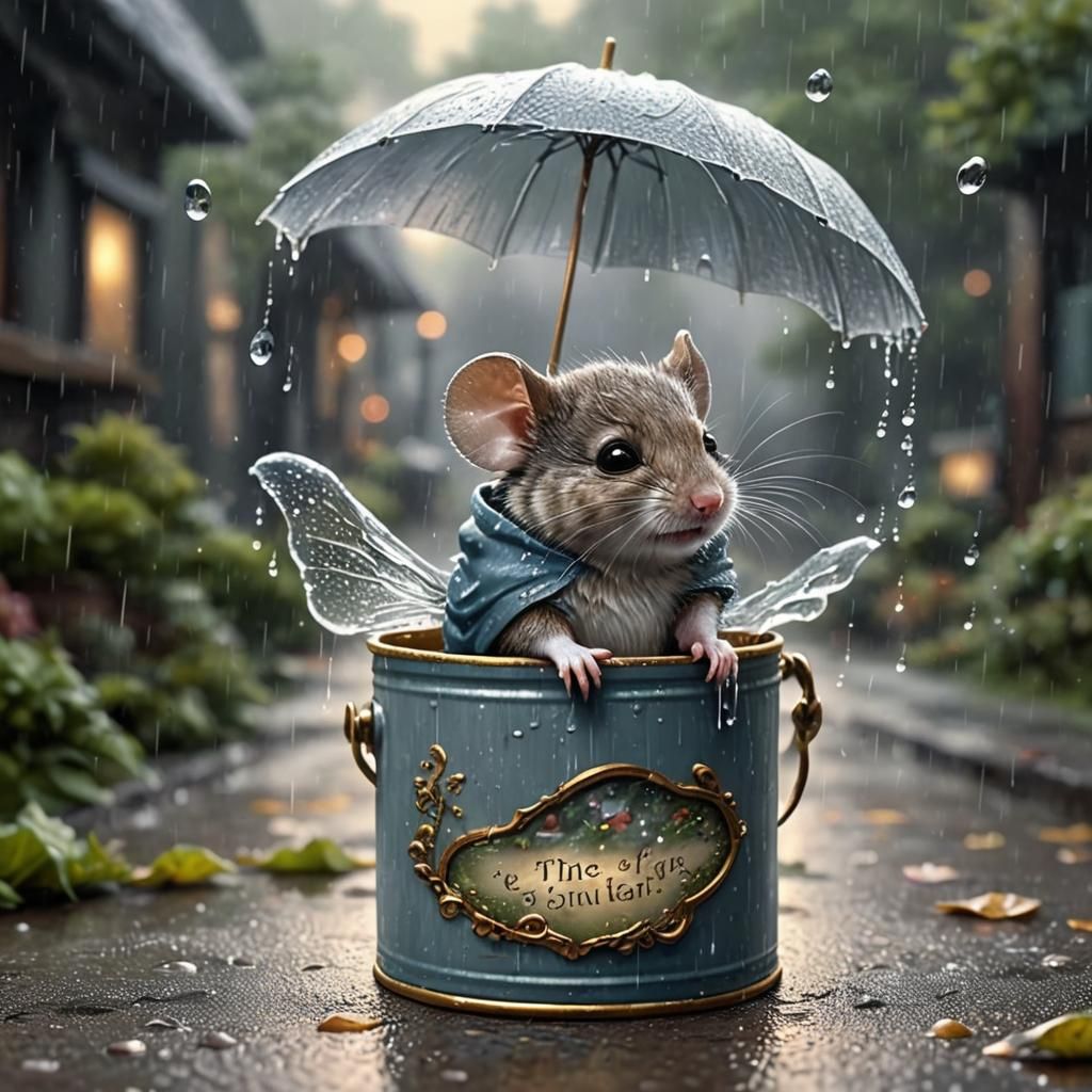 Sad Mouse Sleeping in Rain: Fantasy Hyperdetailed Art