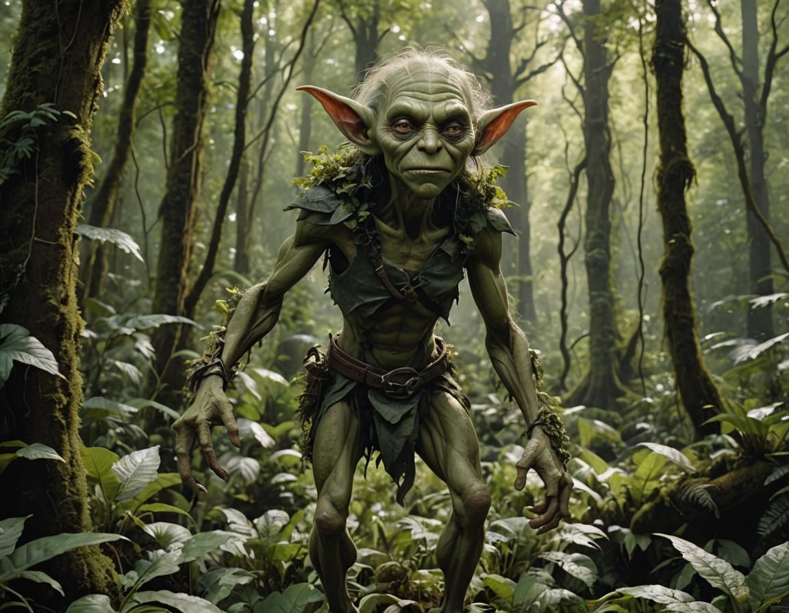 Goblin Captures Woman in Lush Forest Scene