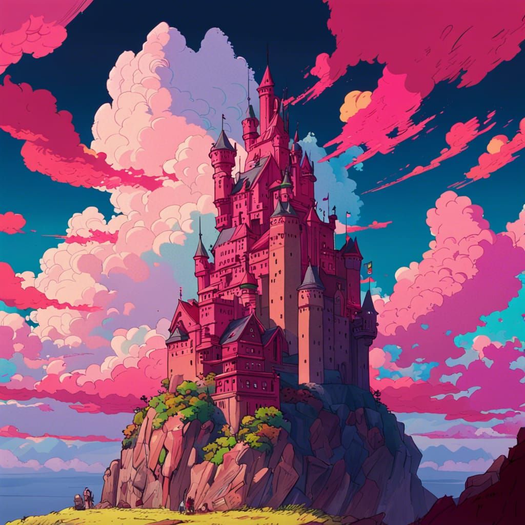 Majestic Castle with Vibrant Sky, Cel-Shaded Concept Art