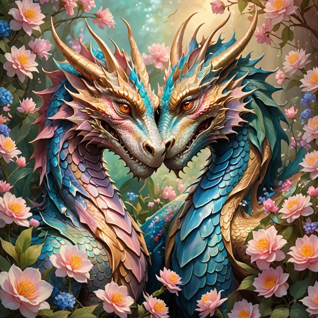 Romantic Dragons Embracing in Fantasy Landscape