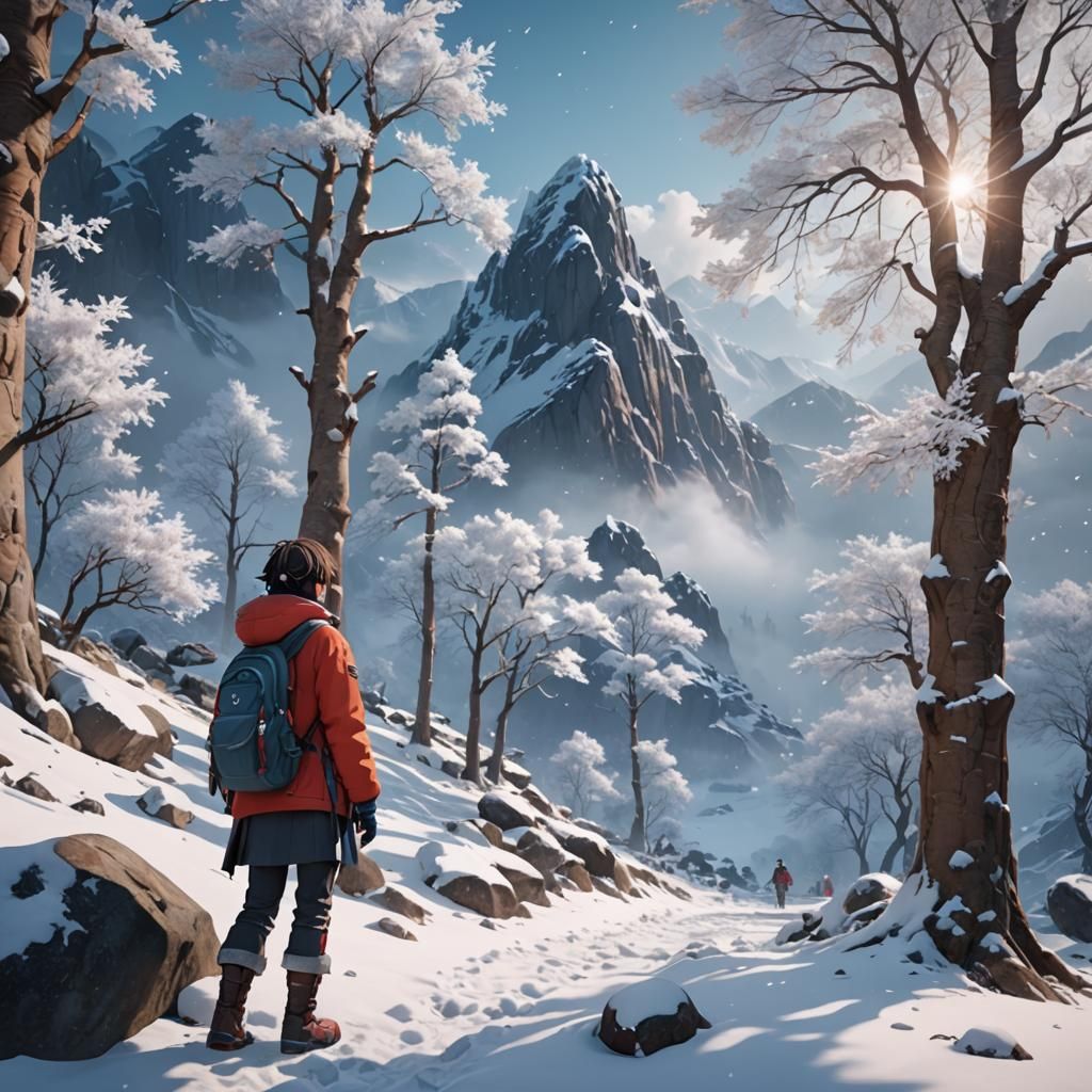 Anime Winter Game in Snowy Mountains, 3D Render