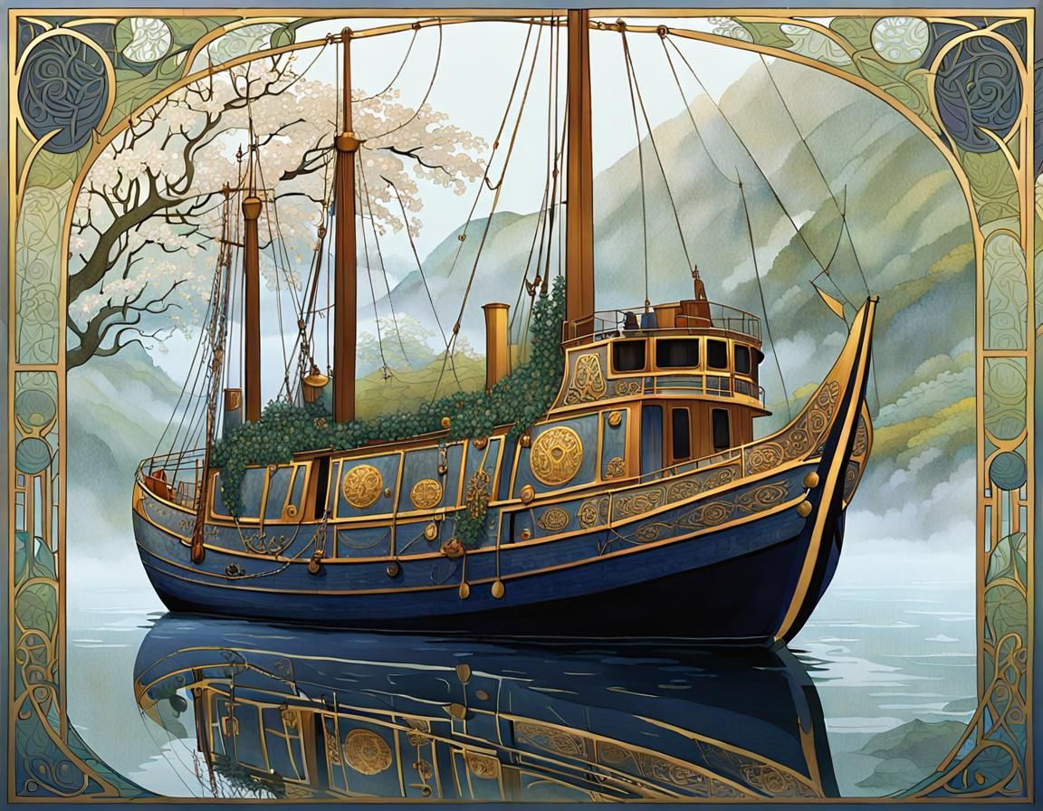 Highland Galley at Dock in Art Nouveau Style