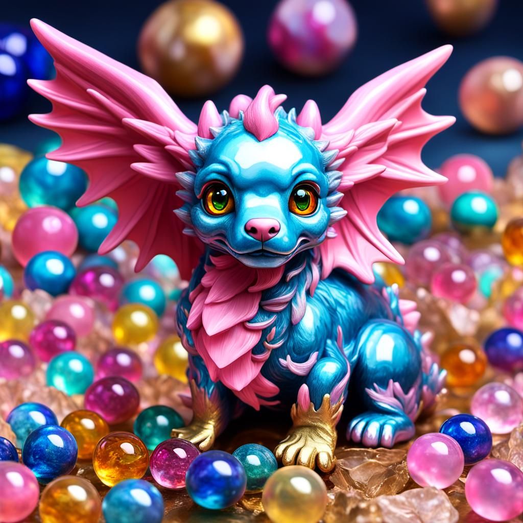 Adorable Fluffy Dragon-Dog on Rainbow Marbles