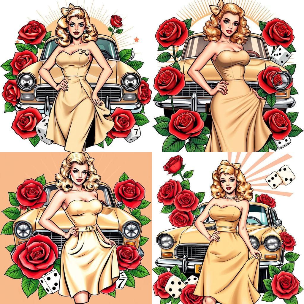 Vintage Pinup Tattoo Girl with Holden EH and Roses