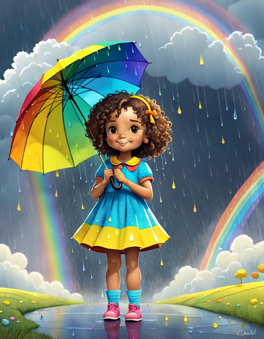 Cartoon Girl with Umbrella Under Rainbow Cloud