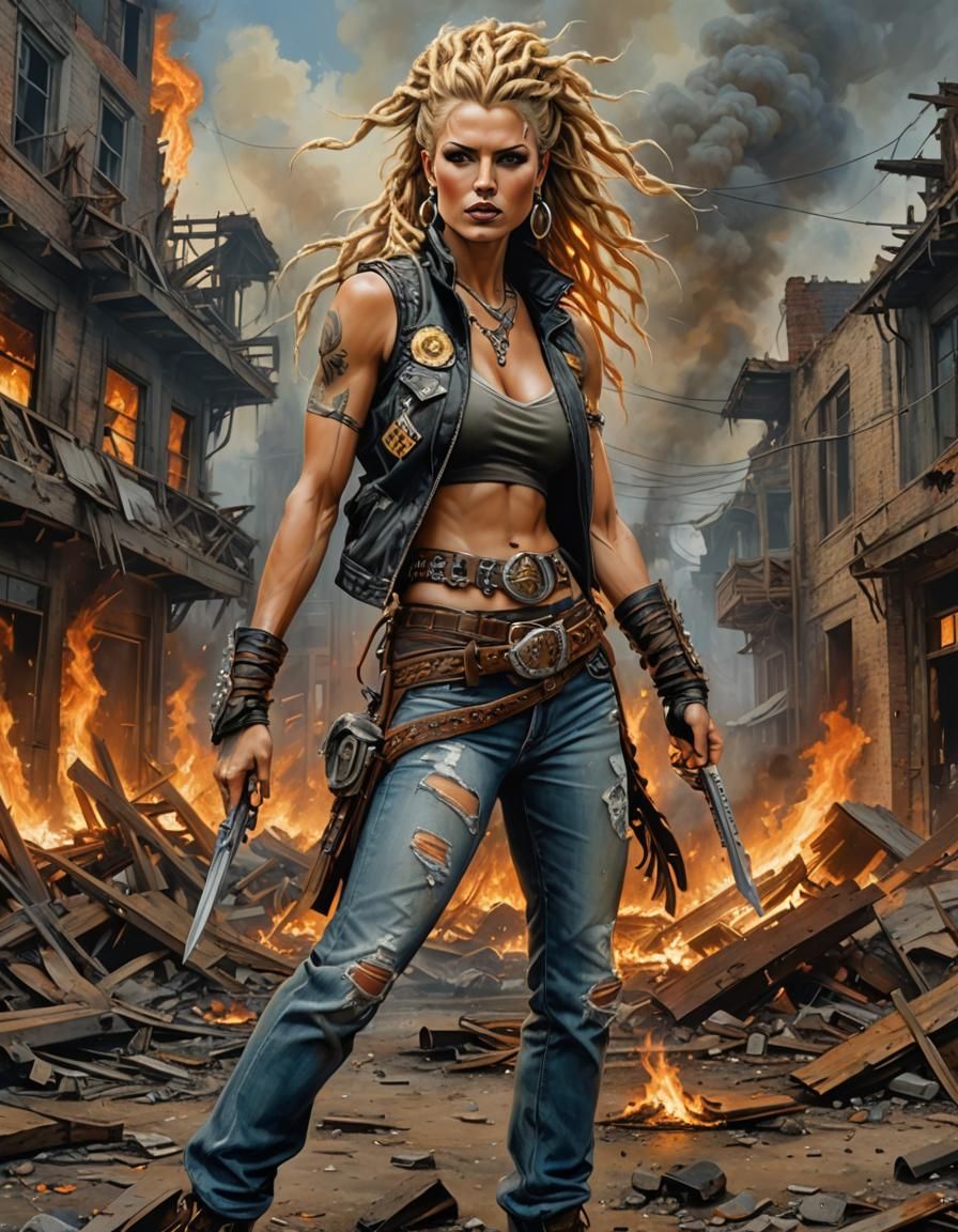 Post-Apocalyptic Warrior Queen in Blazing Suburbs