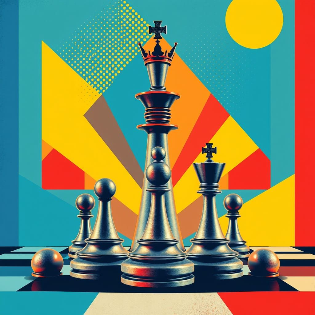 Retro-Futuristic Chess Queen in Bauhaus-Inspired Pop Art Sty...
