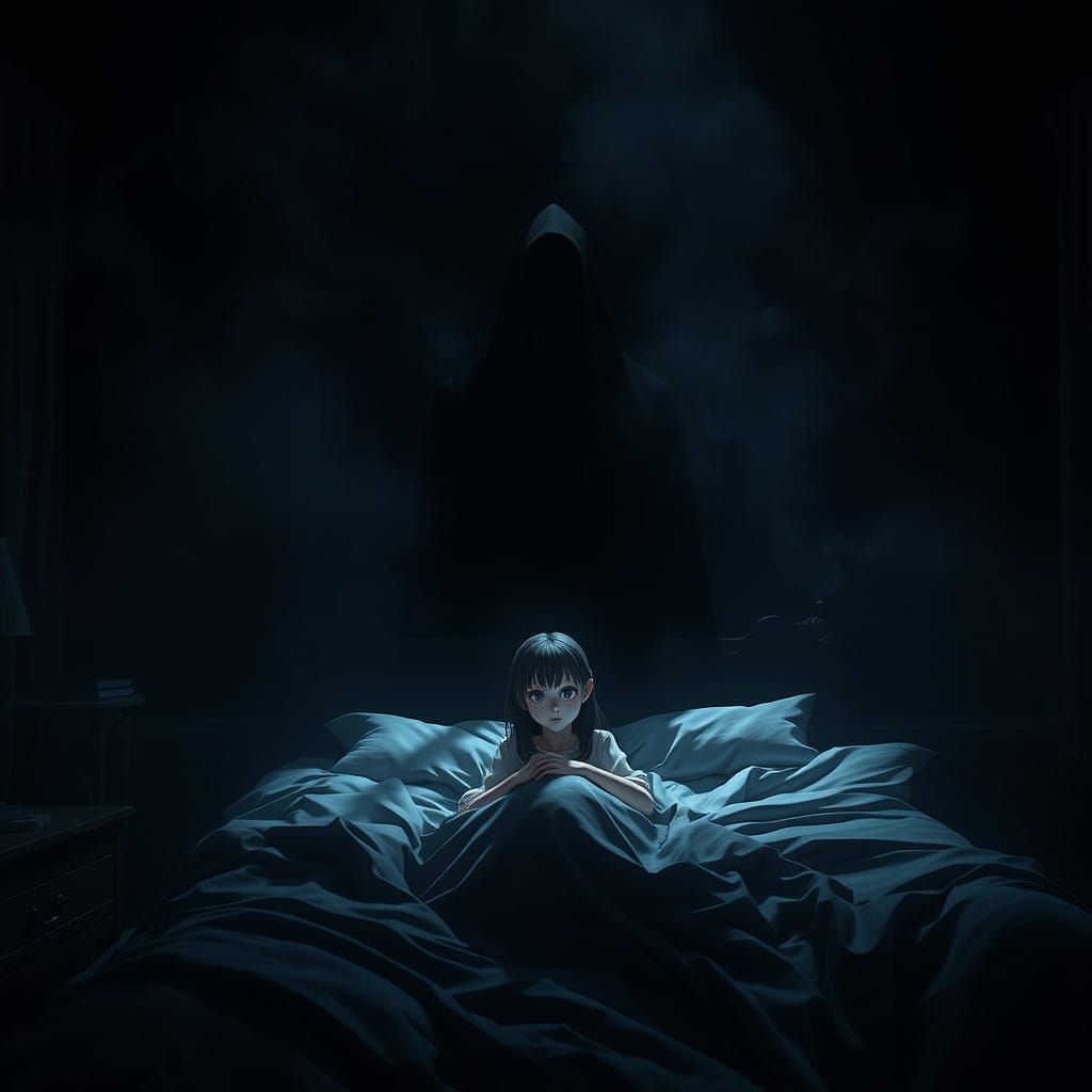 The Dark Watcher's Ominous Presence in a Darkened Bedroom