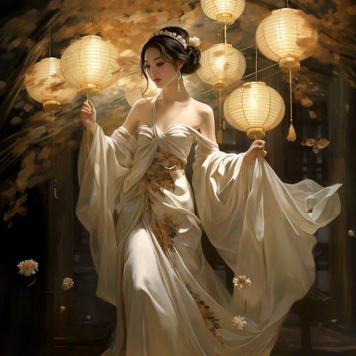 Japanese Lady with Lanterns in Classical Style