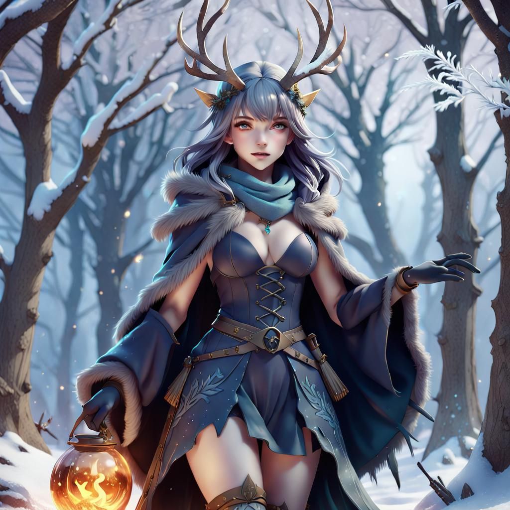 A movie poster promoting "The Winter Witch" a magical fantasy. By artist "anime", 3d anime art, inspired by WLOP, Artsta...