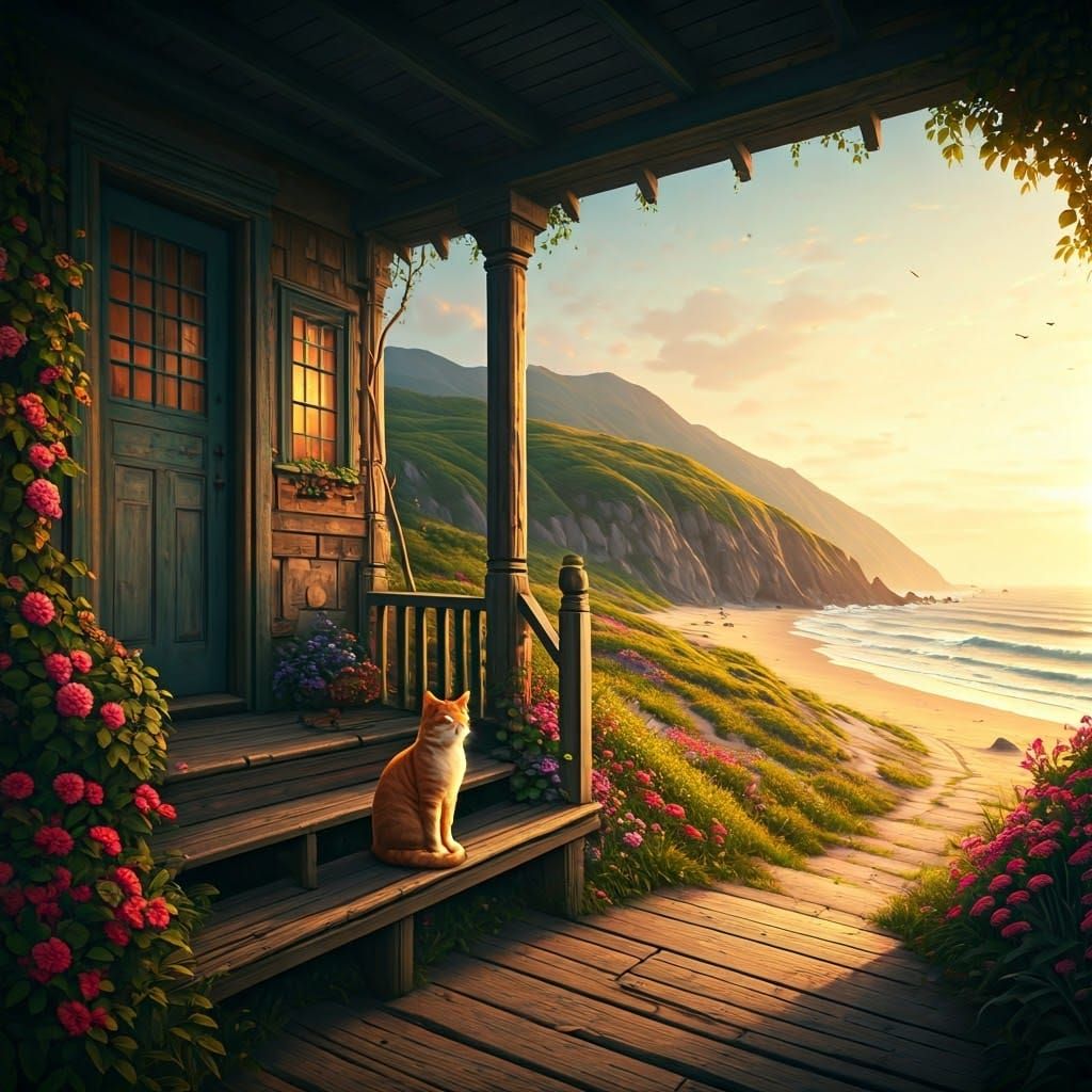 Cozy Ginger Cat on Rustic Beachside Cottage Porch