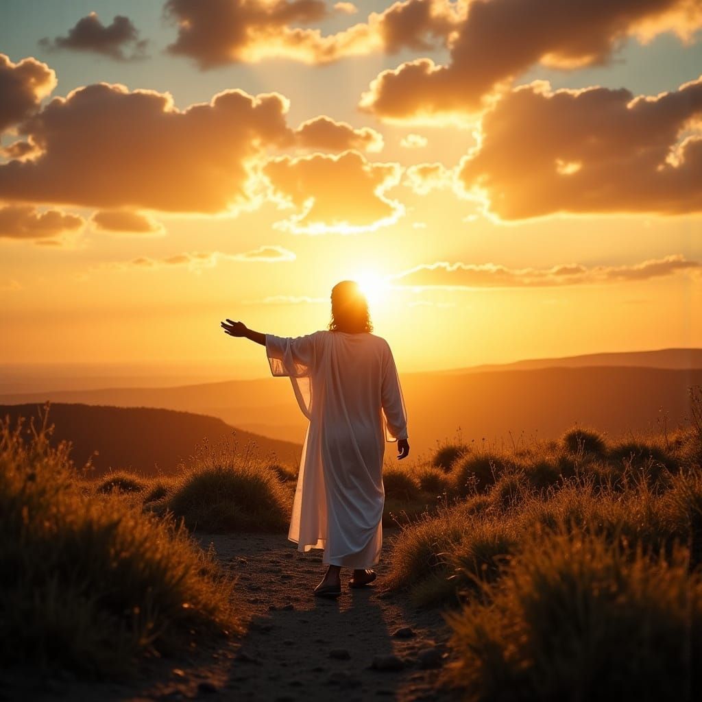 Jesus Walking into a Vibrant Sunset in Cinematic Style