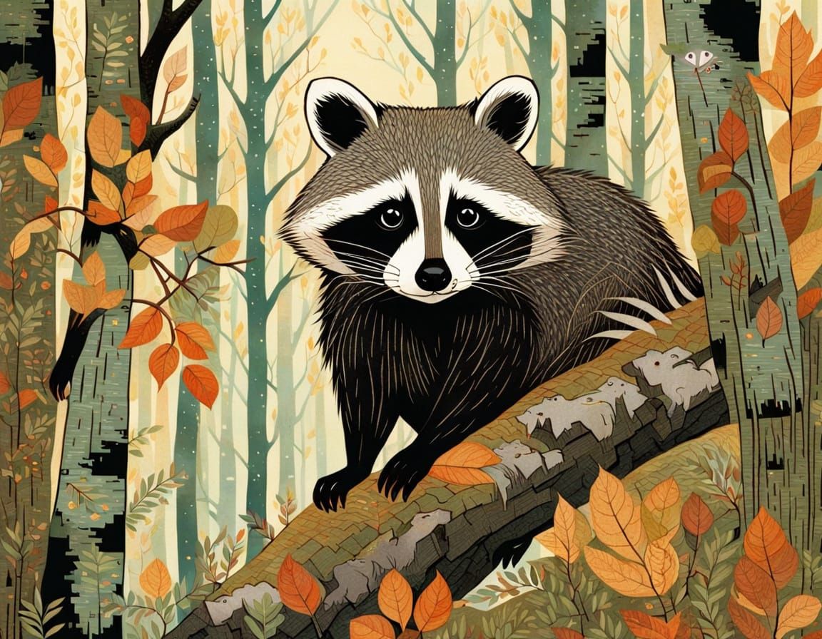 Enchanted Raccoon in Autumn Birch Forest