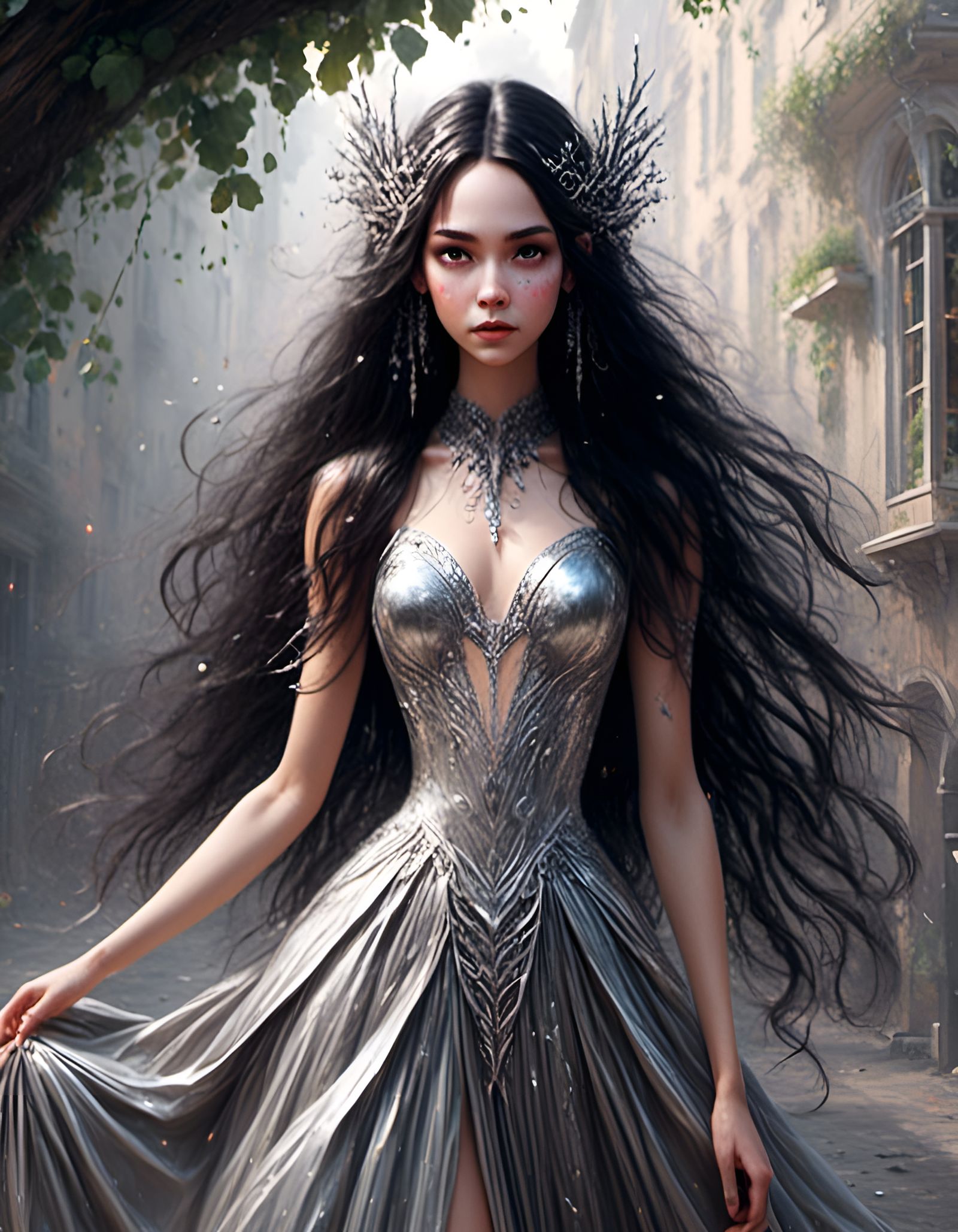 Elven Woman in Silver Gown, Hyperrealistic Style