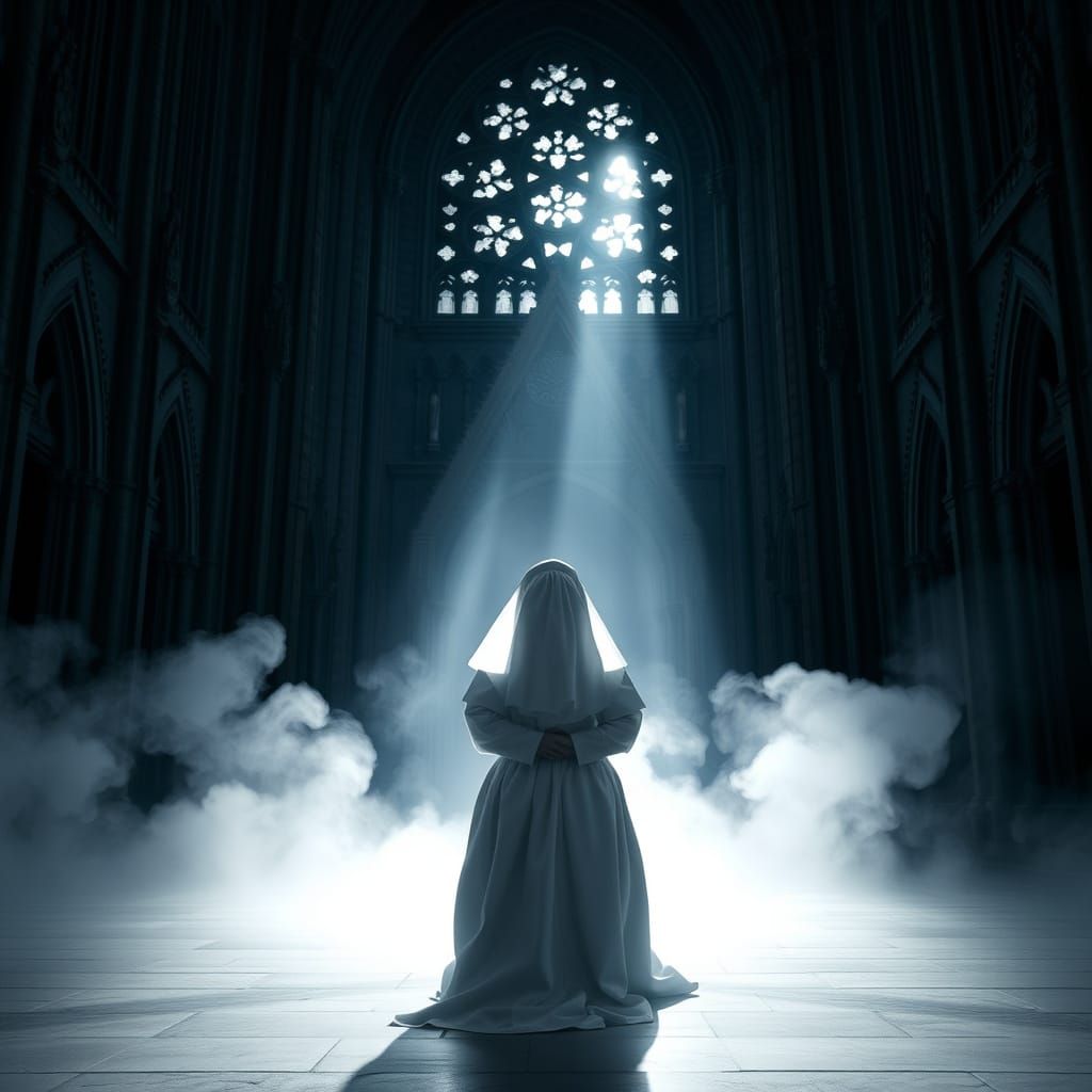 Nun Praying at Gothic Cathedral in Beksiński Style