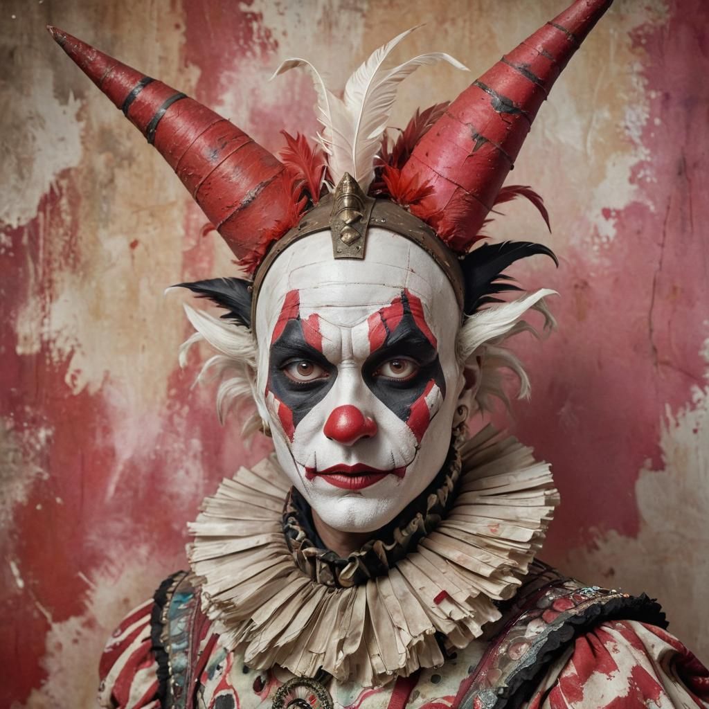 Surreal fantasy portrait featuring a character with a clown-...