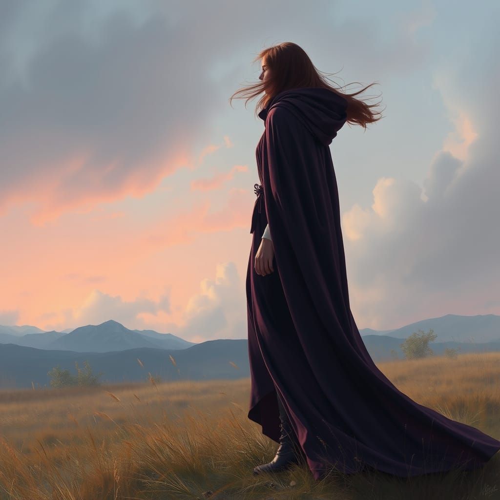 Woman in Flowing Cloak Against Wind, Atmospheric Landscape