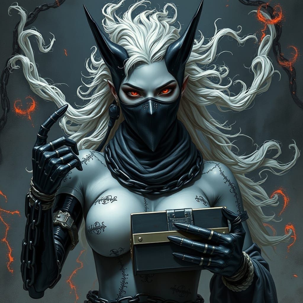 Cyberpunk Pandora with Robotic Arm and Ghostly Wisps