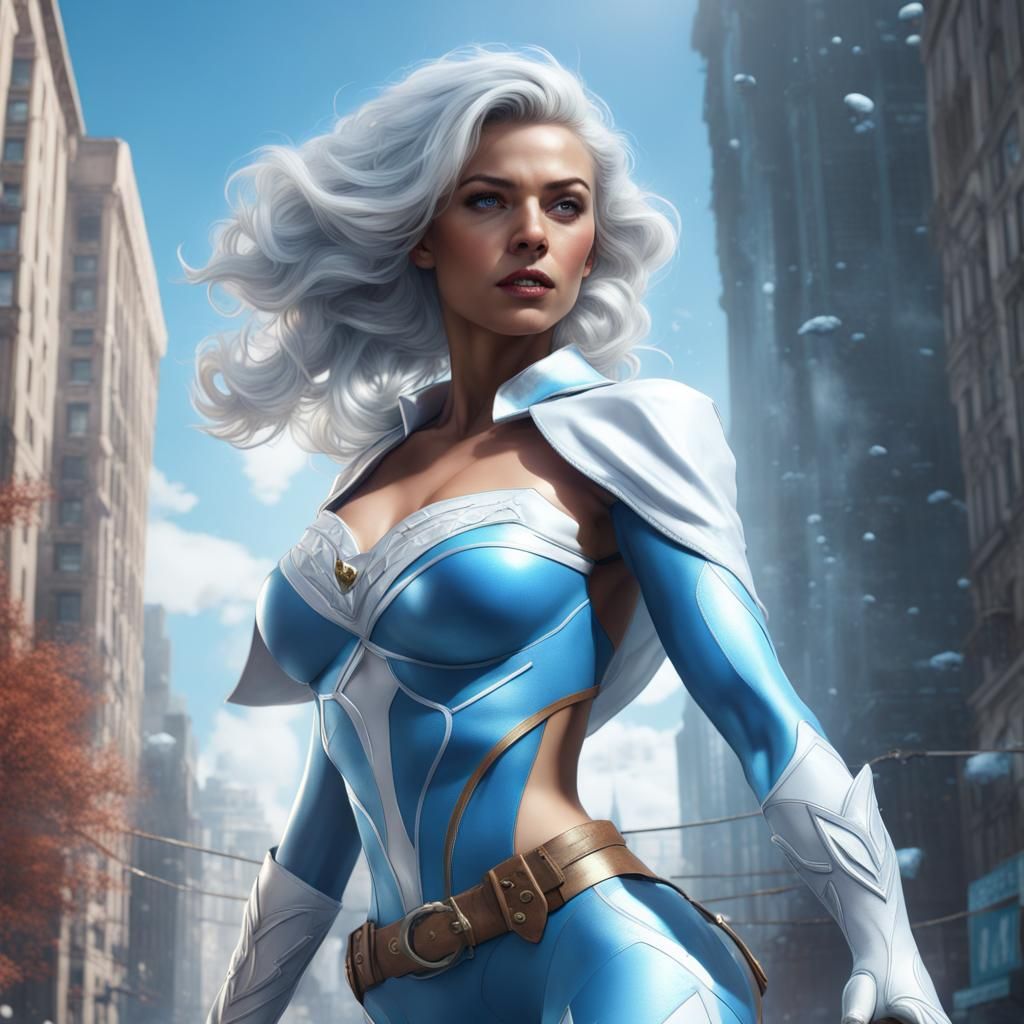 Ice Superheroine in City, Detailed Matte Painting