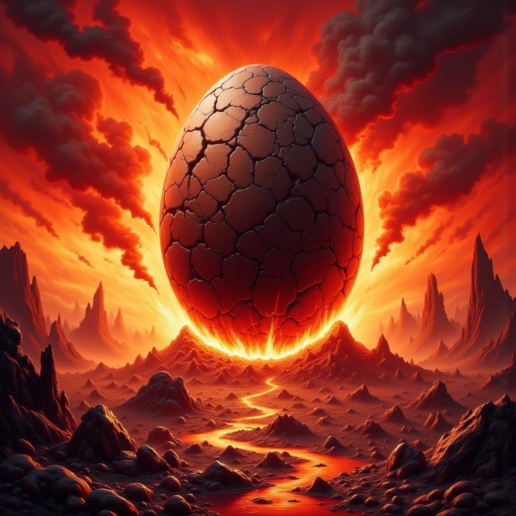 Fiery Egg Rock Formation in Retro Rockabilly Style