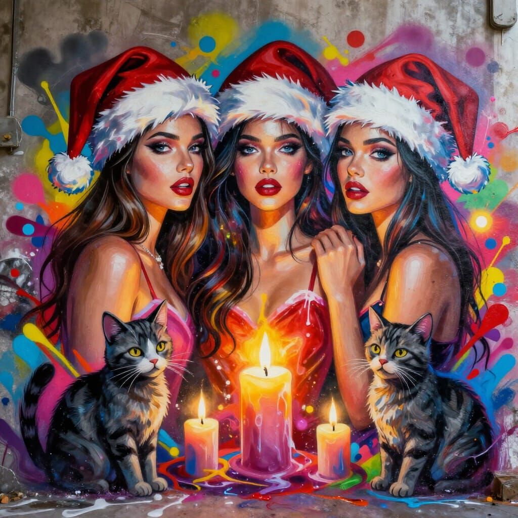 Graffiti Art of Women in Santa Hats with Cats and Candles