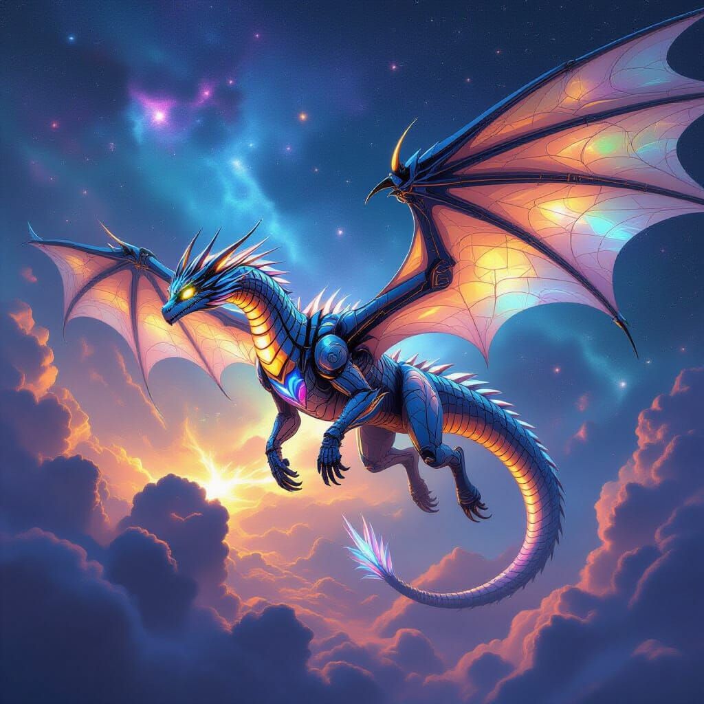 Mechanical Dragon Soars Through Nebula in Digital Painting