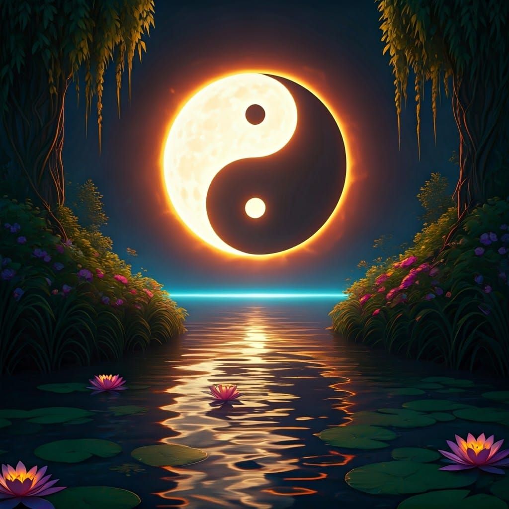 Yin Yang Sun Moon Over Lake: Matte Painting