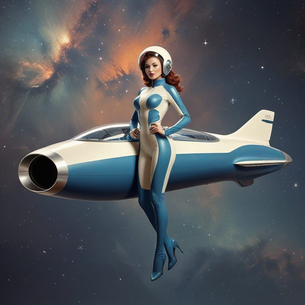 Sleek 1955 Futuristic Rocket Spaceship in Celestial Backgrou...