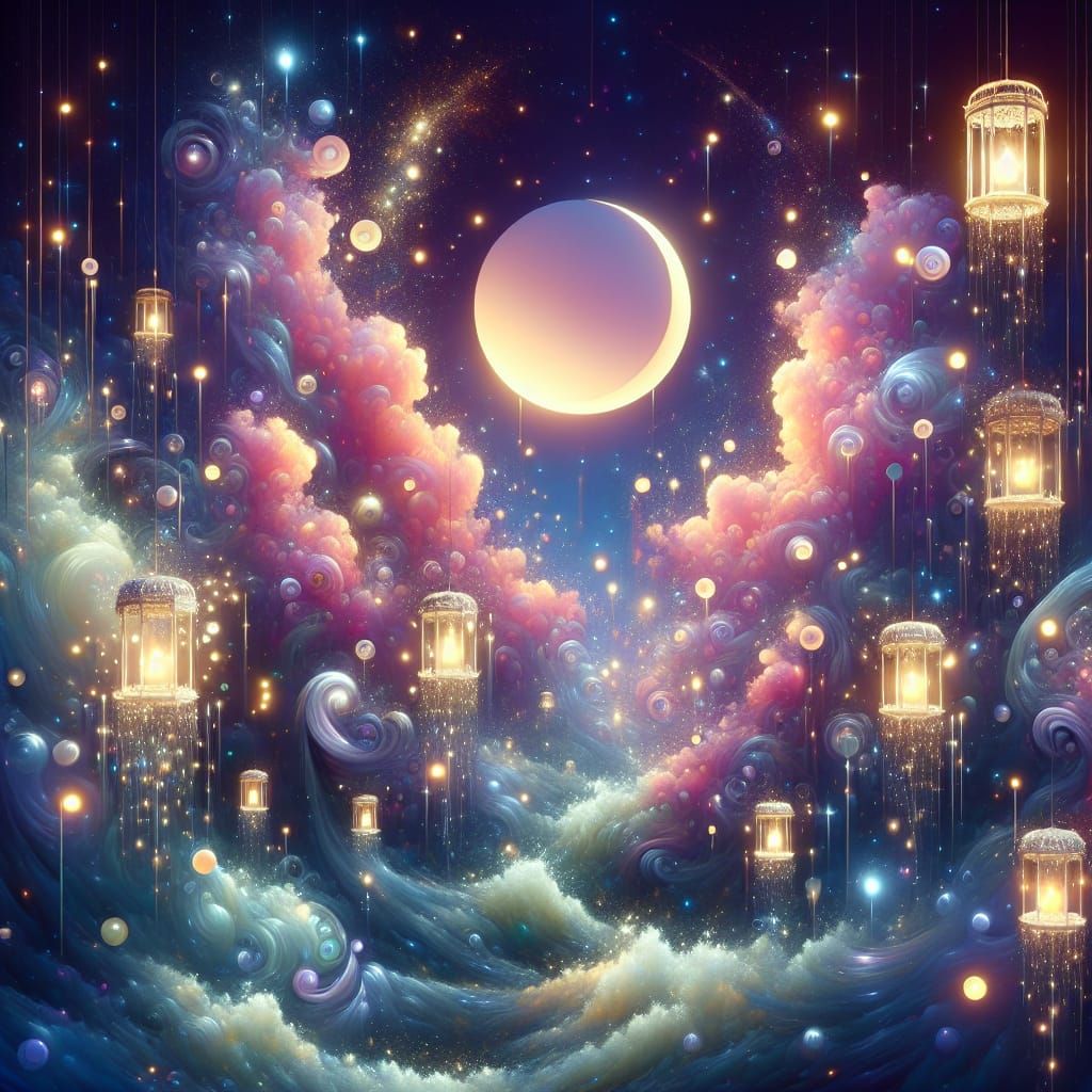 Ethereal Stardust Lanterns Under a Pink Moon