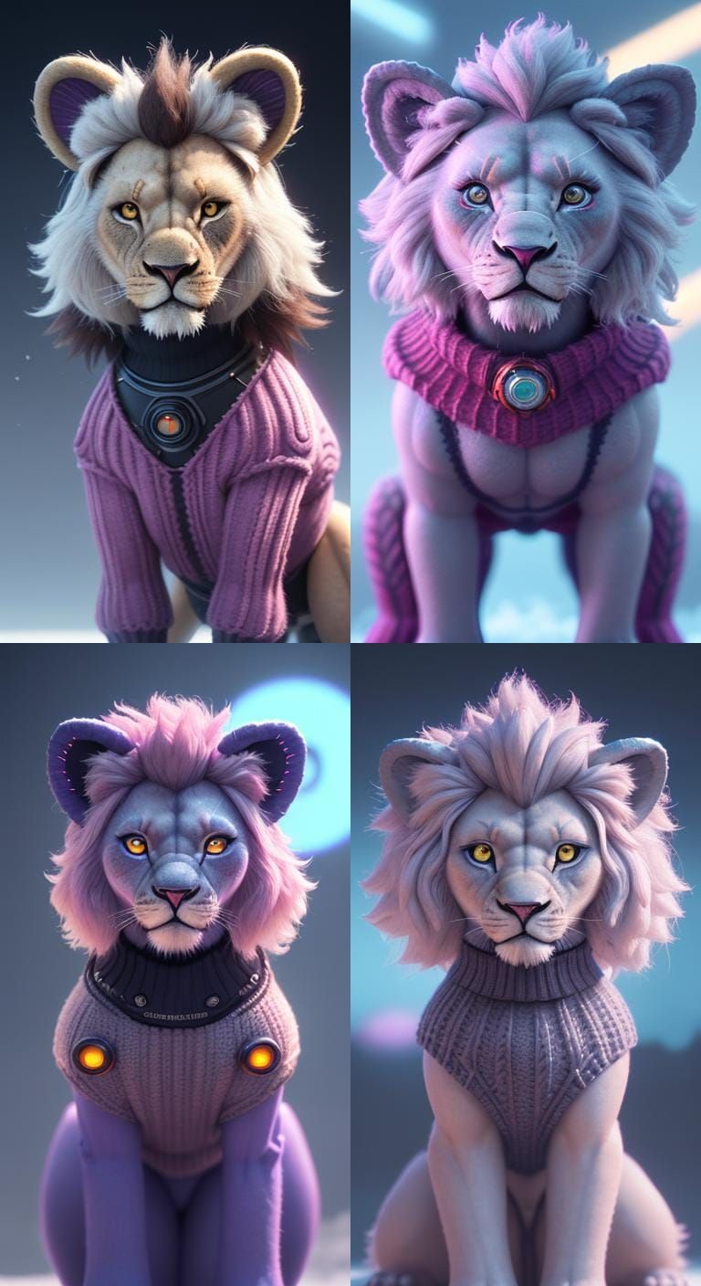 Pixar Style 3D Lion Cyborg in Synthwave
