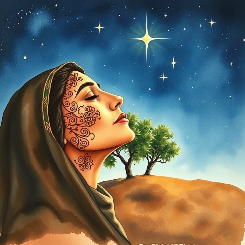 Watercolor Portrait of Palestinian Woman with Olive Trees