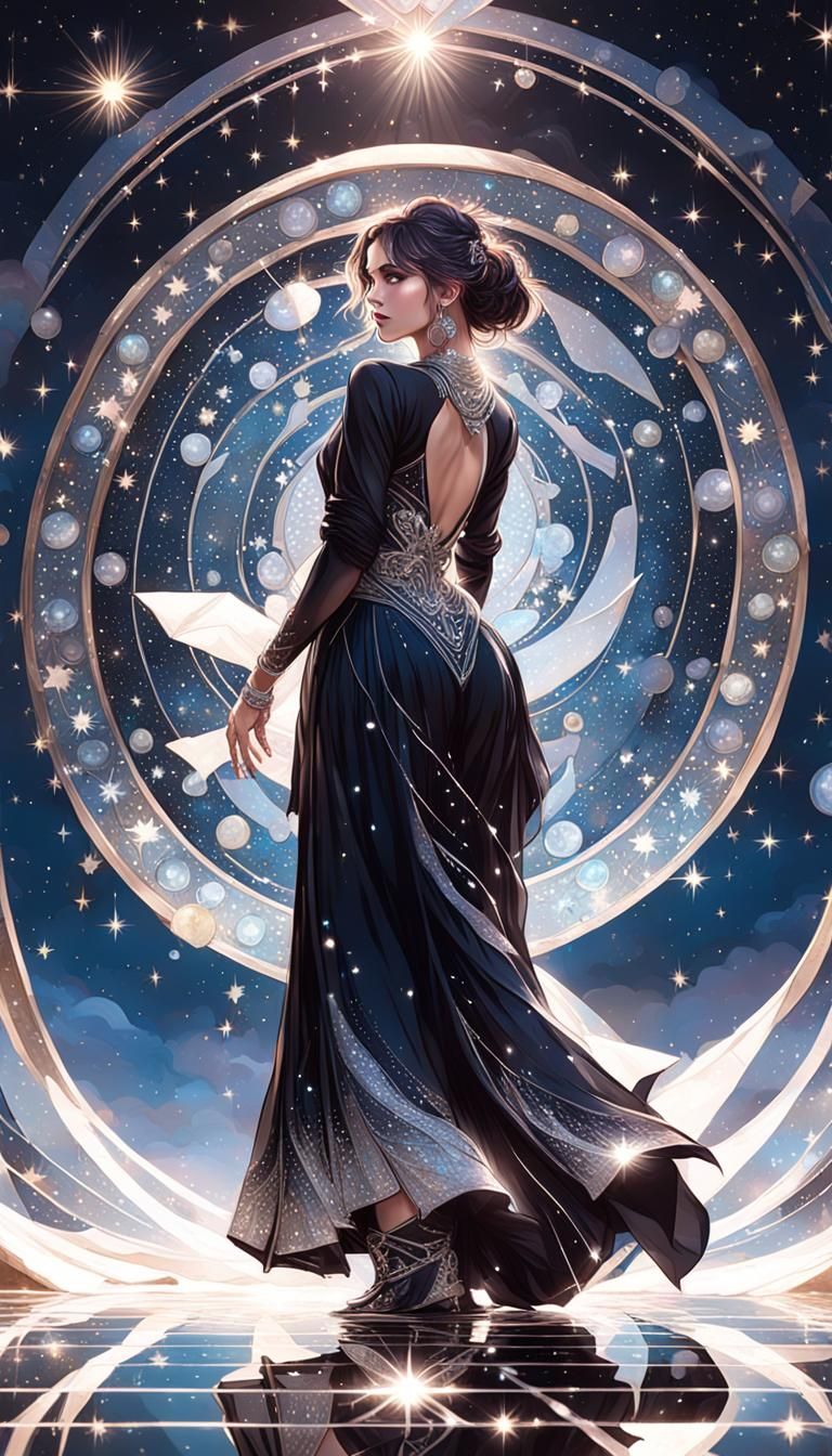 Dancer in Flowing Black Dress Against Starry Night