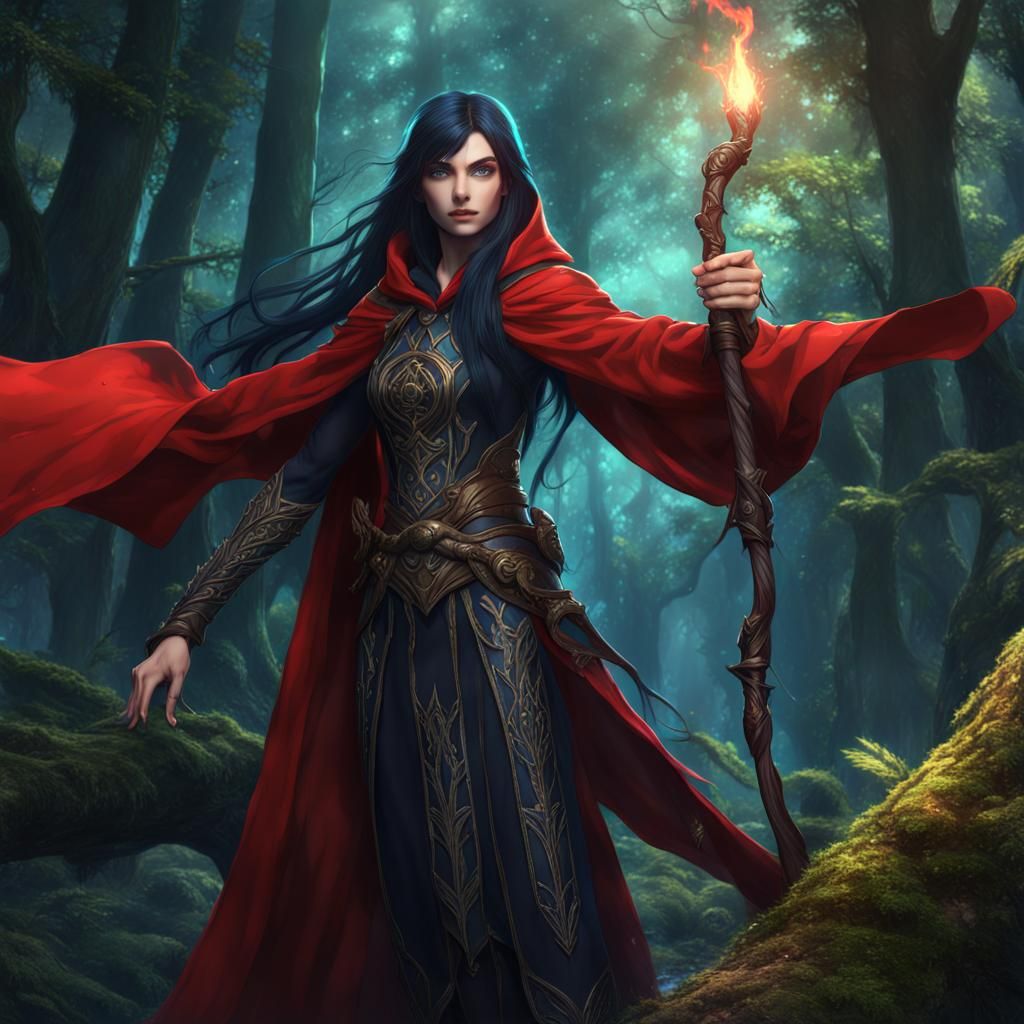 Anime Elf Sorceress in Forest, Detailed Fantasy Art