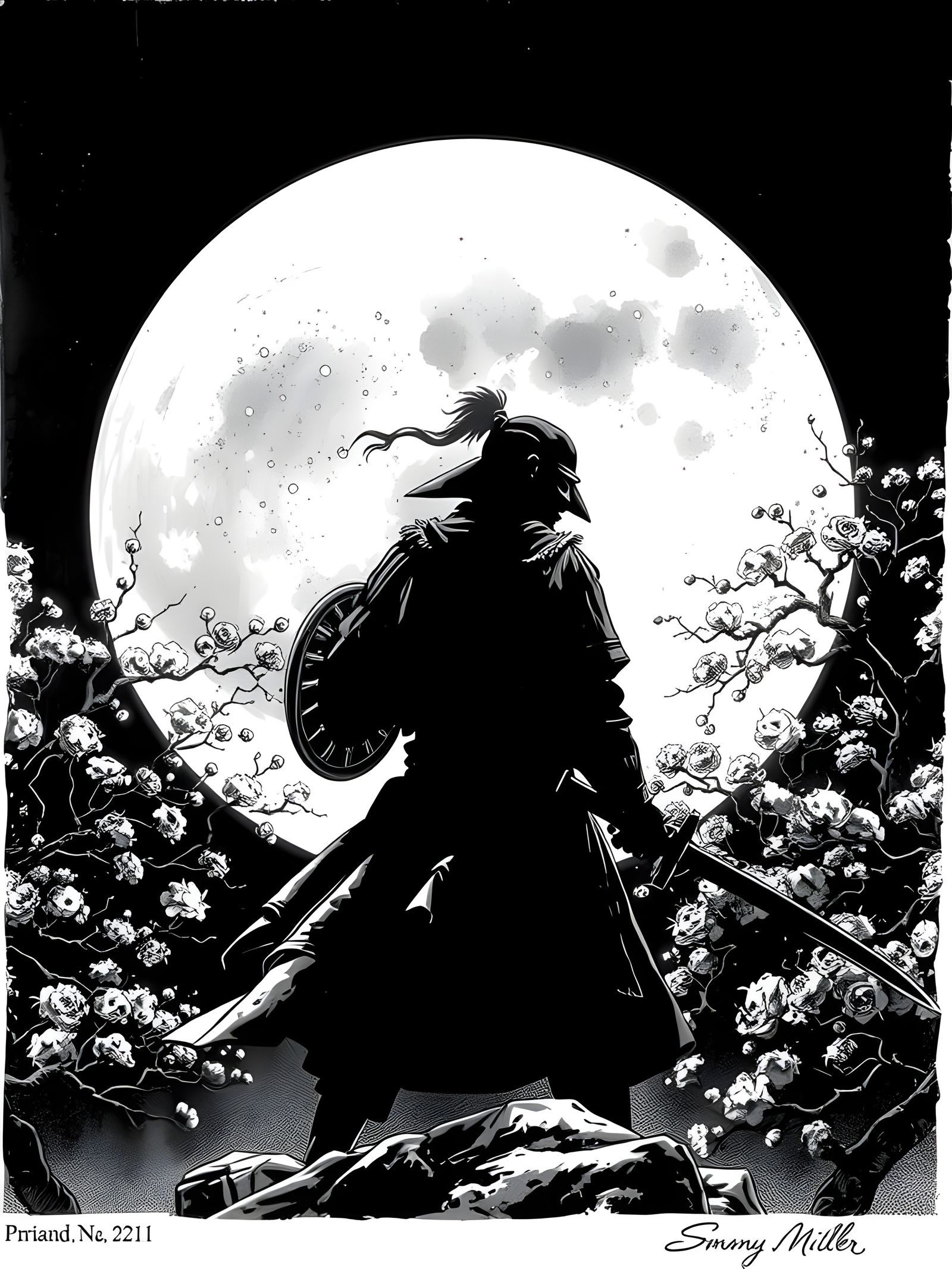Samurai Silhouette Under Full Moon in Ink Drawing Style