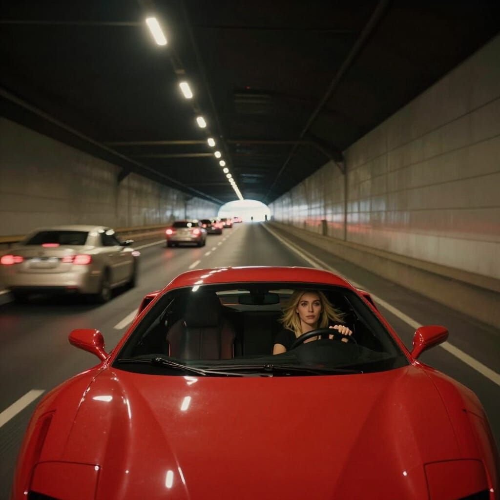Woman Drives Red Ferrari Through Holland Tunnel in Cinematic...