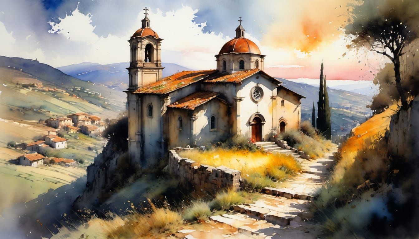 Surreal Italian Churchscape in Watercolor Style
