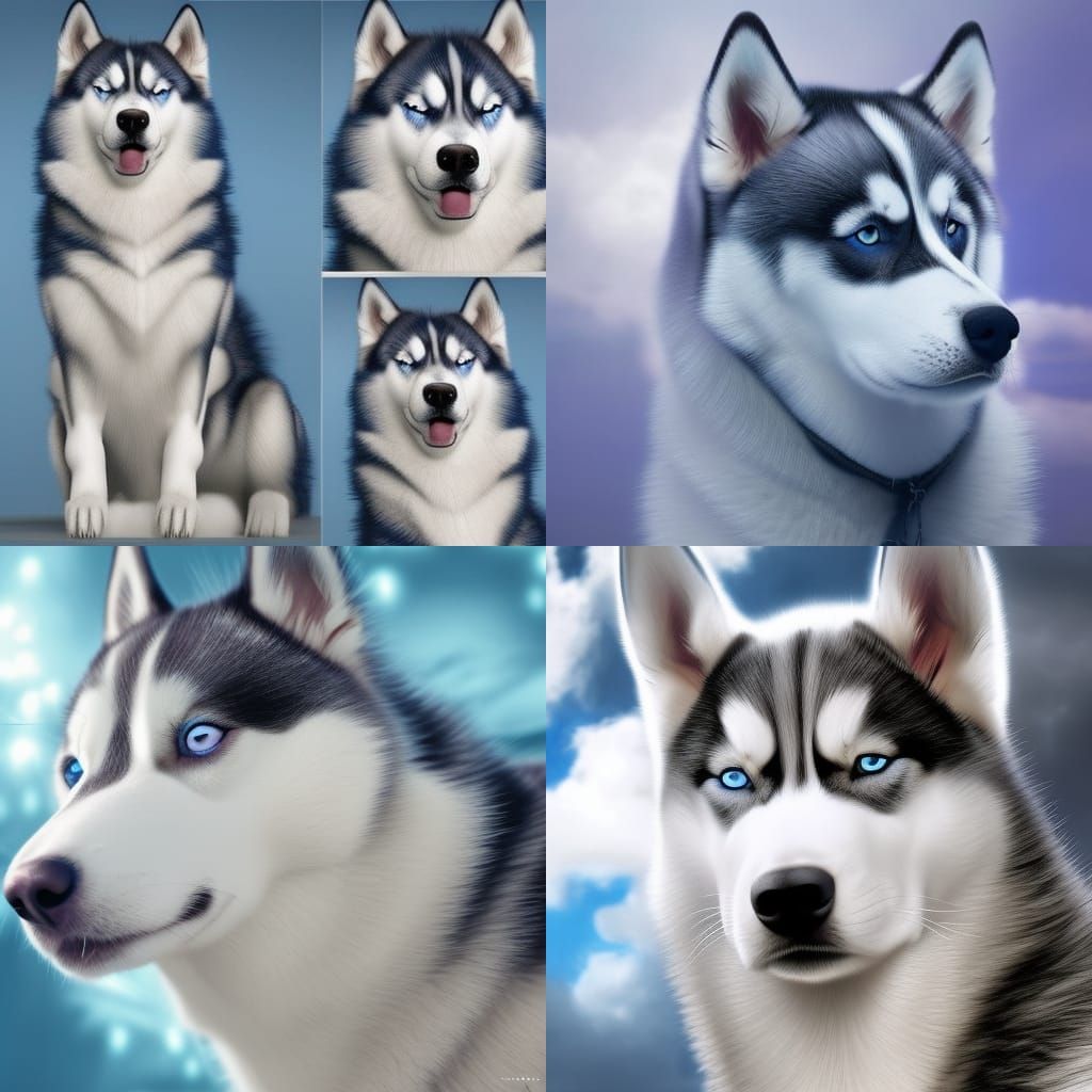 Beautiful husky with crystal blue eyes& White fur& Blue background that shimmers& glows& ethereal vibes