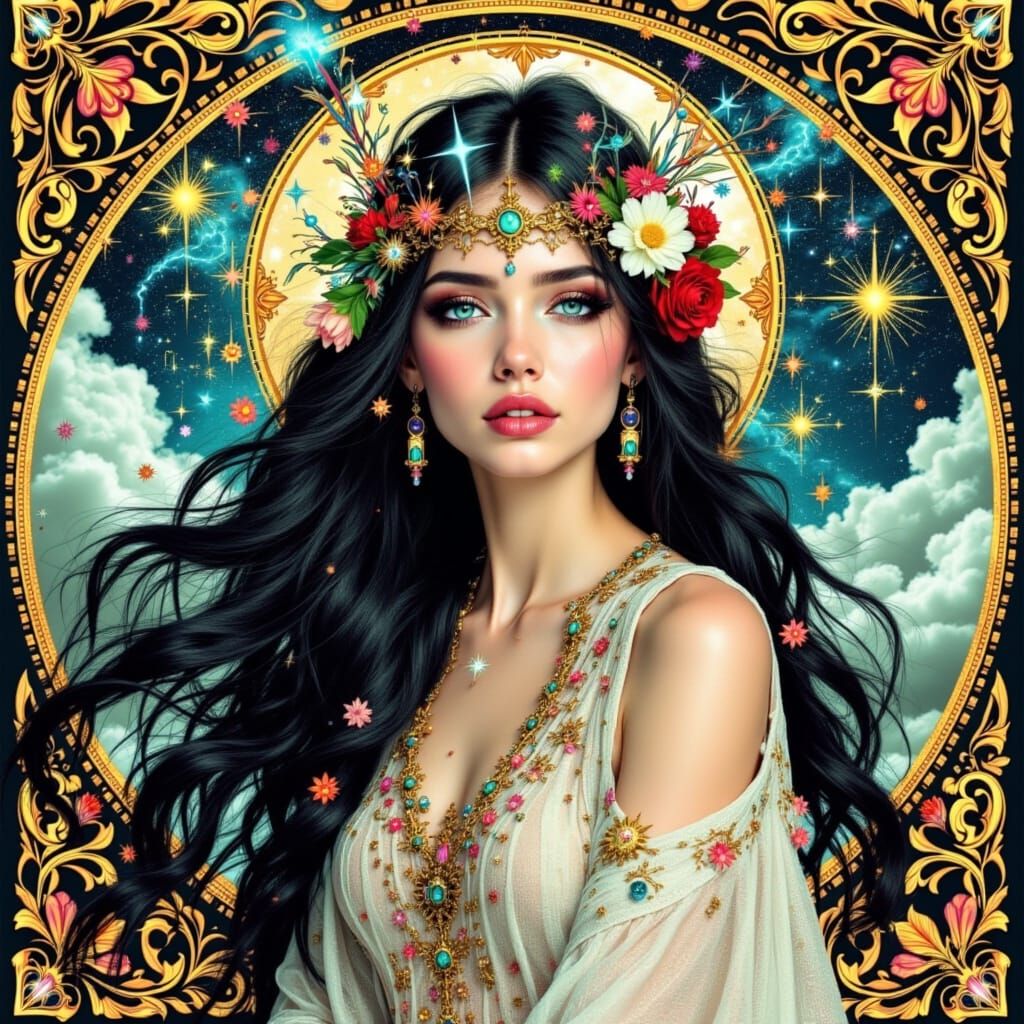 Ethereal Woman with Floral Hair in Art Nouveau Style