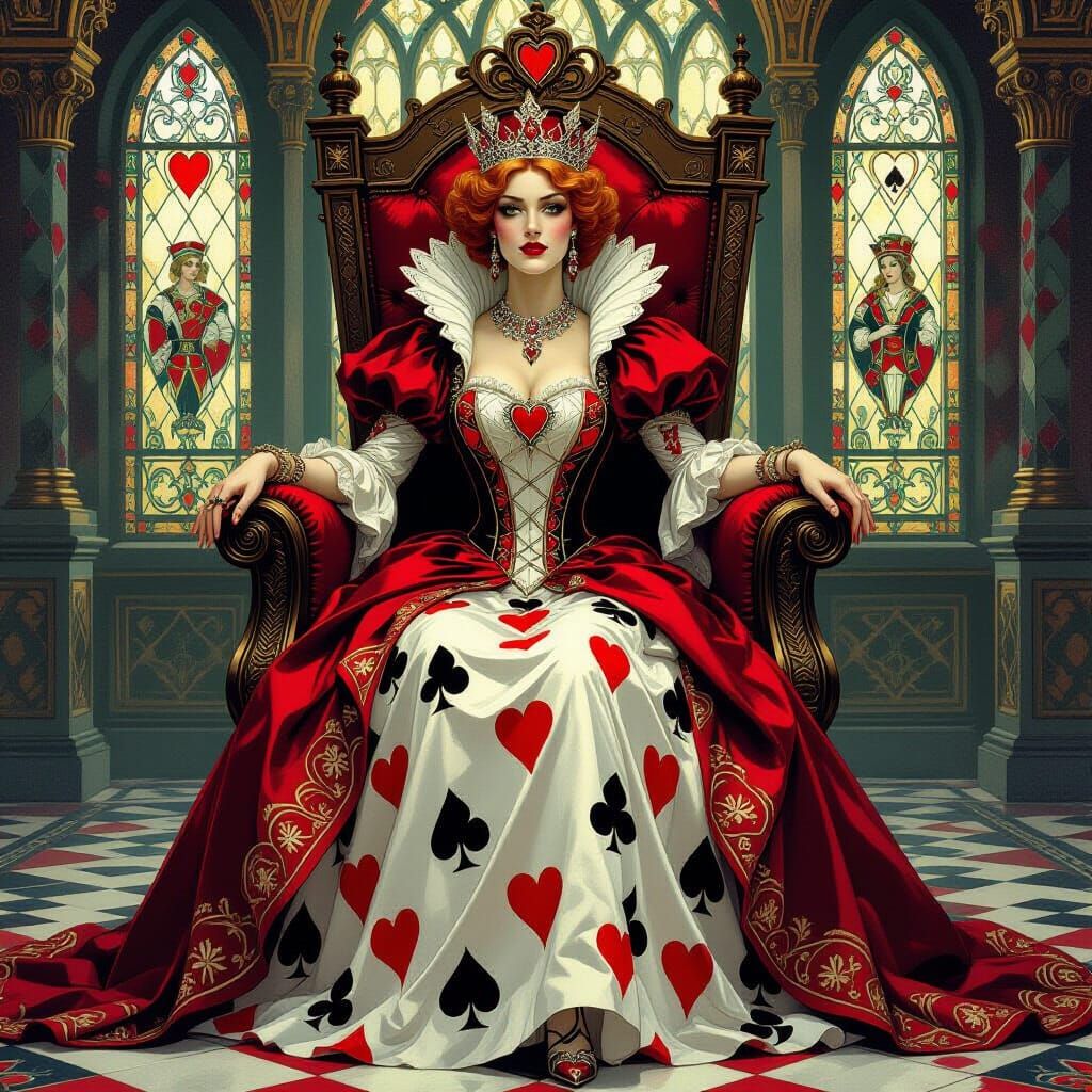Queen of Hearts Rules Card Kingdom in Dark Fantasy Style