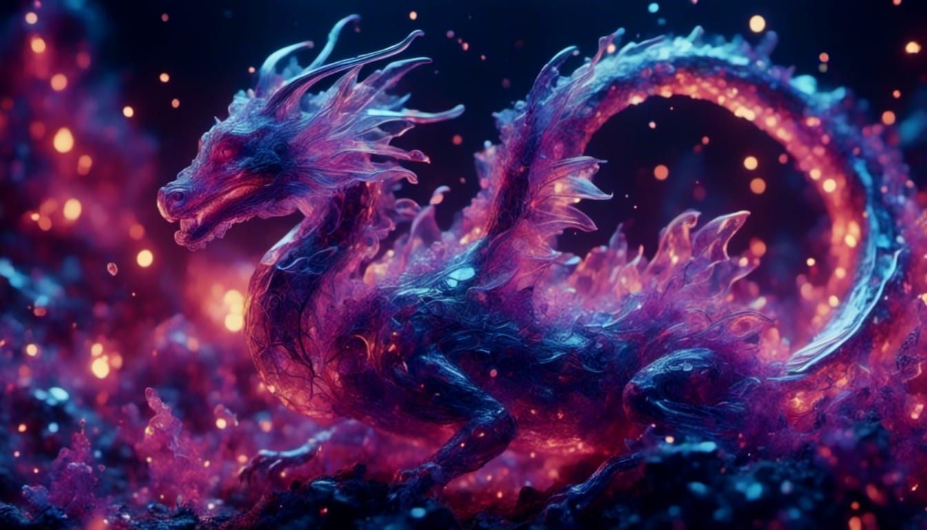 Glass Dragon in the Universe with Neon Smoke Aura