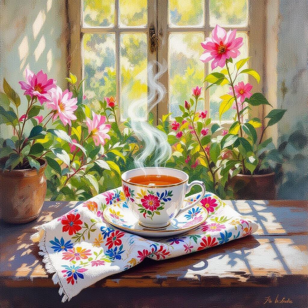 Sunlit Tea in a Conservatory: Watercolor Style