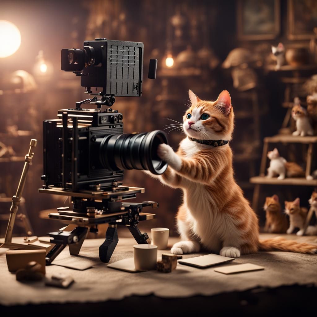 Cat Filmmaker Directing a Mini-Movie: Detailed Matte Paintin...