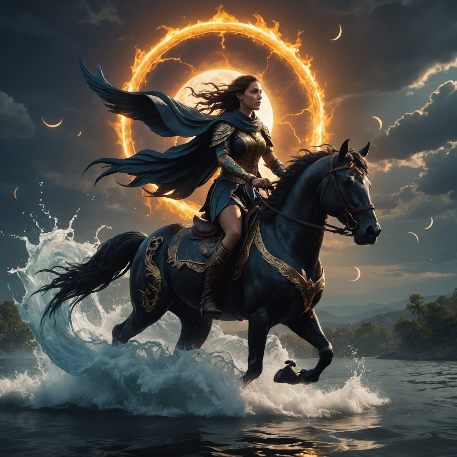 Girl Rides Winged Horse Before Solar Eclipse