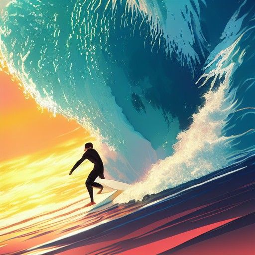 Surfer Rides Sunset Wave: Studio Ghibli Anime Style