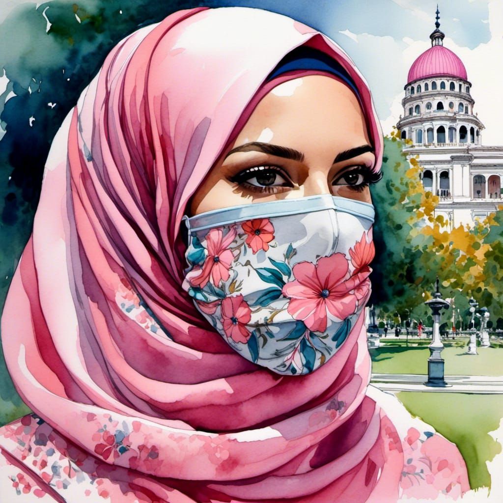 European Woman in Hijab with Flowered Facemask