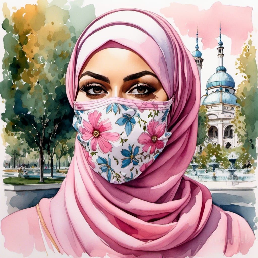 Watercolor Portrait of Hijabi Woman in Pink Dress